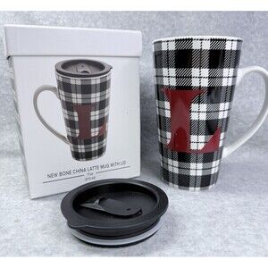 Latte Mug Monogram Buffalo Plaid Letter "L" Bone China by Joyland 17oz. Gift
